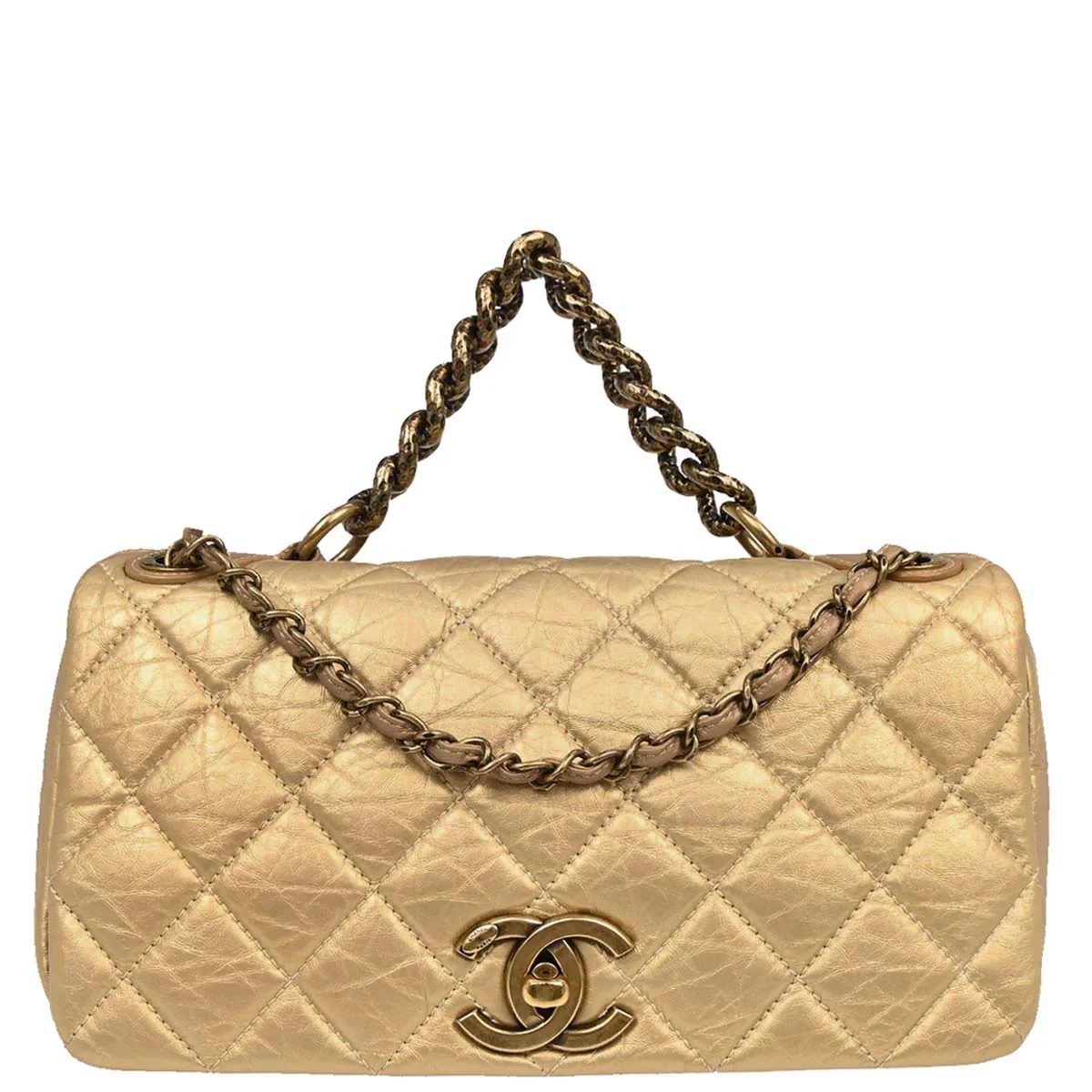 Chanel 2012 Metallic Gold Calfskin Pondicherry Flap 2way Shoulder Handbag