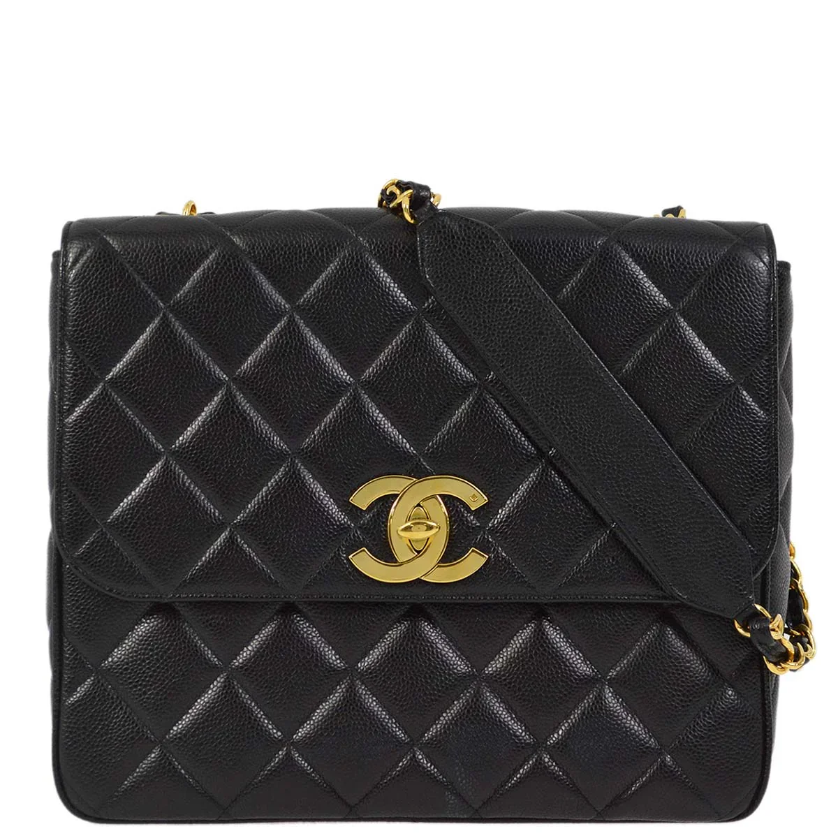 Chanel 1991-1994 Black Caviar Straight Flap Shoulder Bag