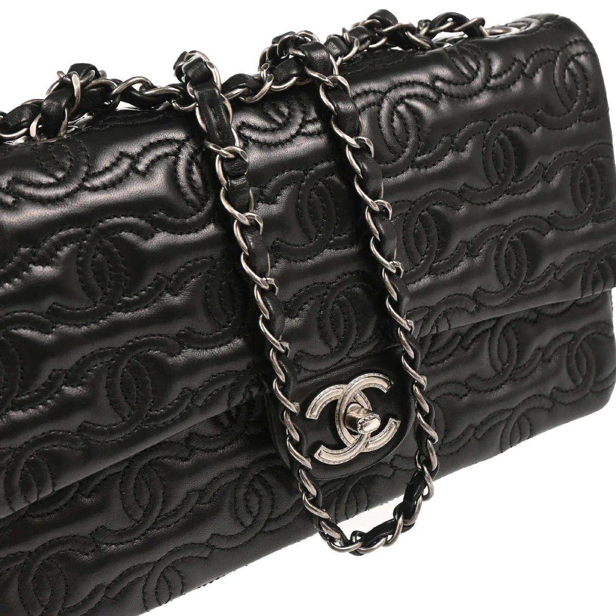 Chanel 2014 Black Lambskin CC Stitch Single Flap Shoulder Bag - Image 3
