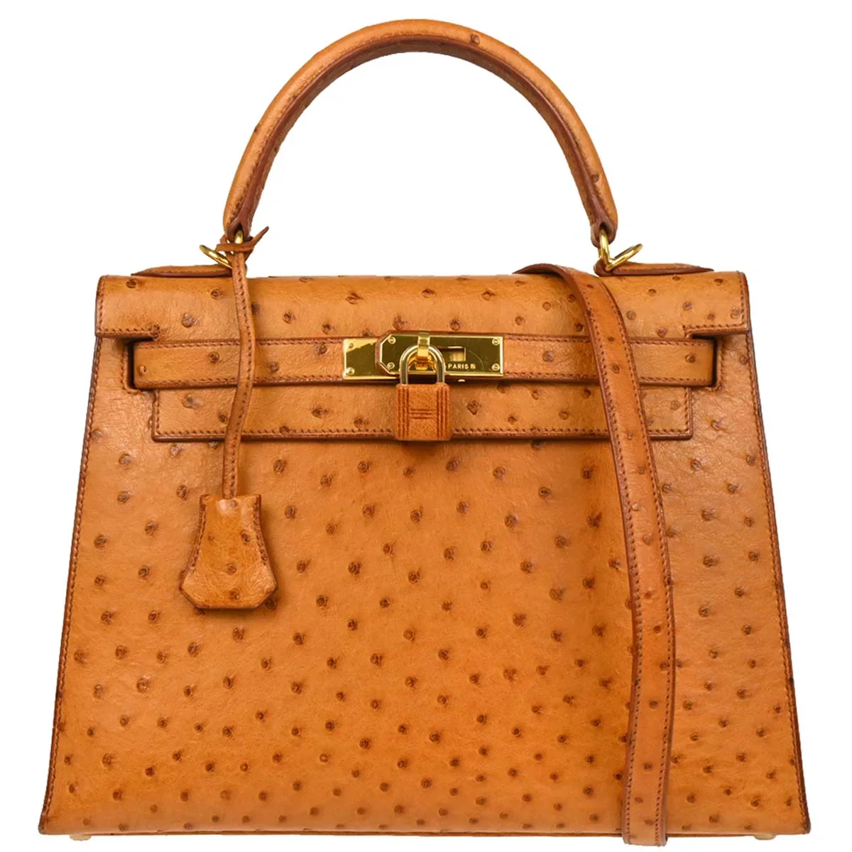 Hermes * Cognac Ostrich Kelly 28 Sellier 2way Shoulder Handbag