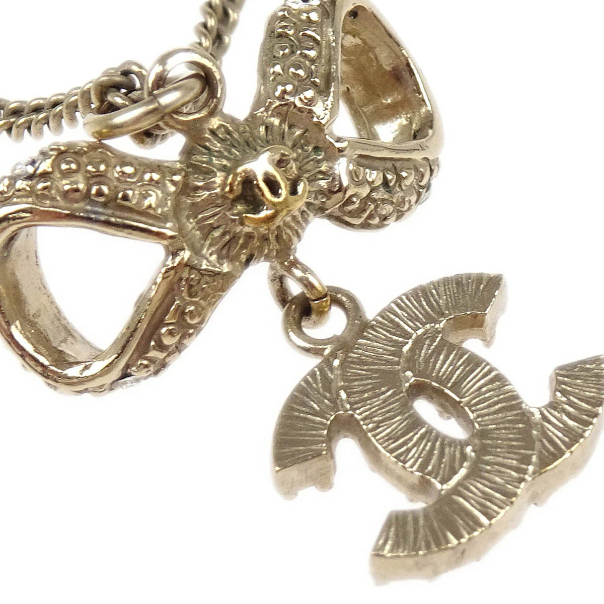 Chanel Gold Chain Pendant Necklace Rhinestone Bow CC B12P - Image 3