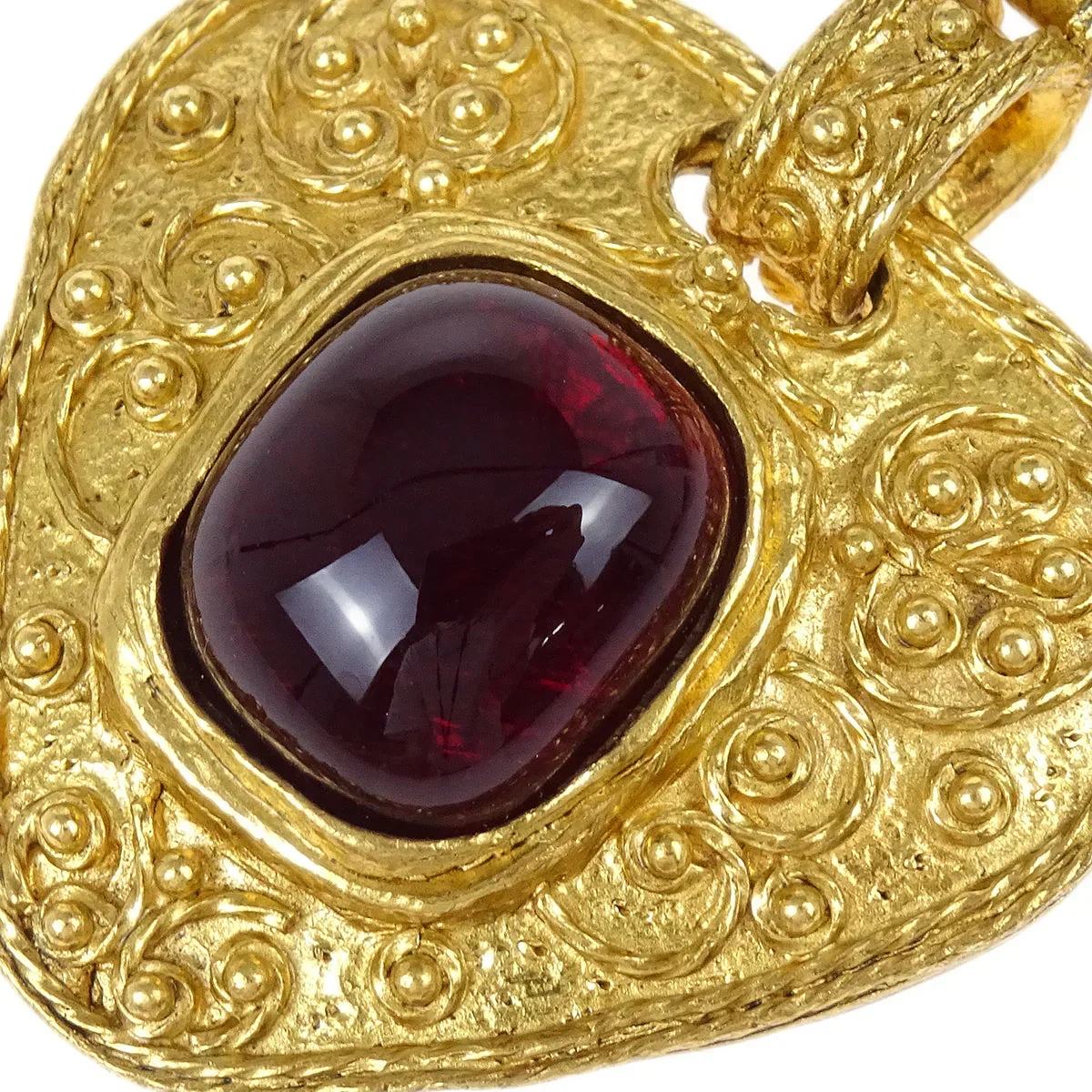 Chanel Gripoix Brooch Pin Heart CC Dangle Gold Red 94A - Image 2