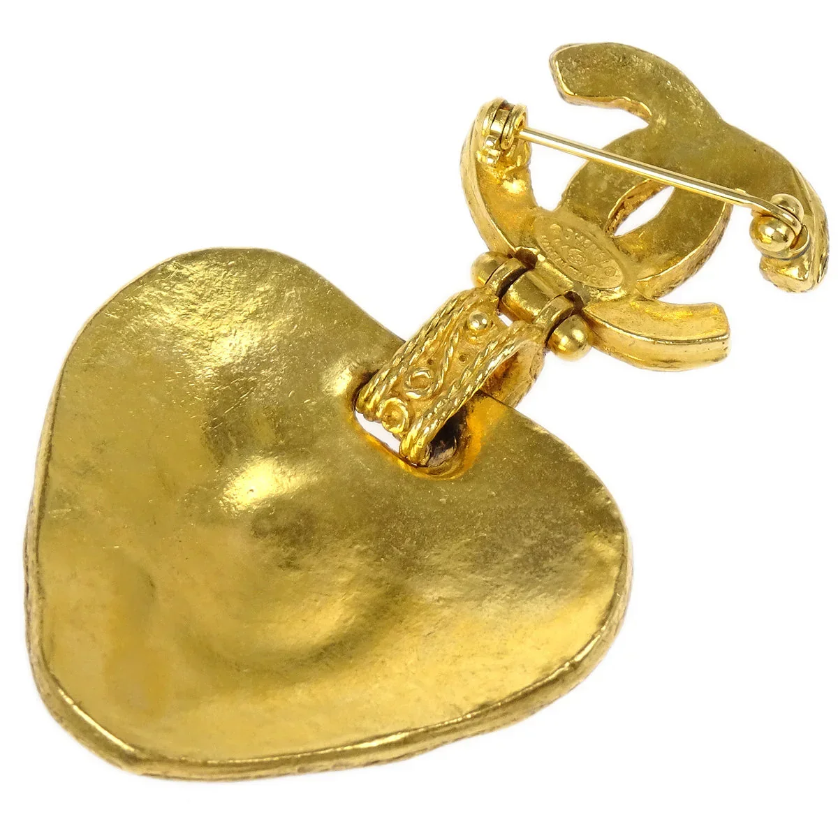 Chanel Gripoix Brooch Pin Heart CC Dangle Gold Red 94A - Image 3