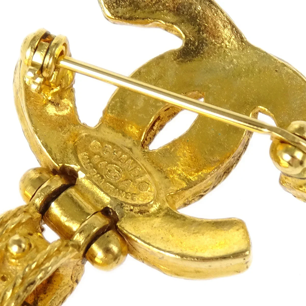 Chanel Gripoix Brooch Pin Heart CC Dangle Gold Red 94A - Image 4