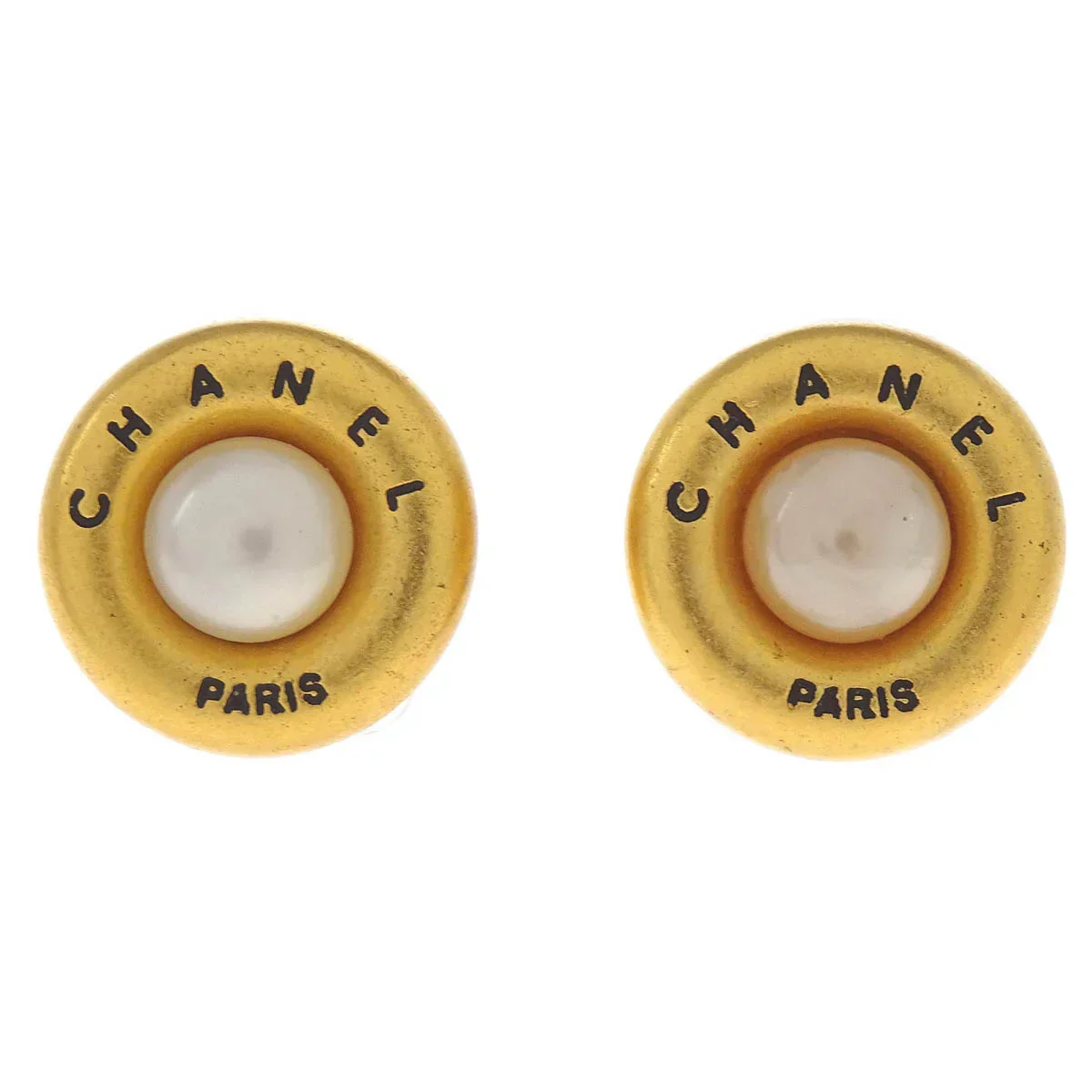 Chanel Earrings Clip-On Button Costume Pearl Gold 94P