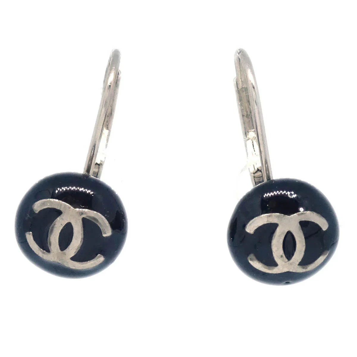 Chanel Button Piercing Earrings Black Silver 03C