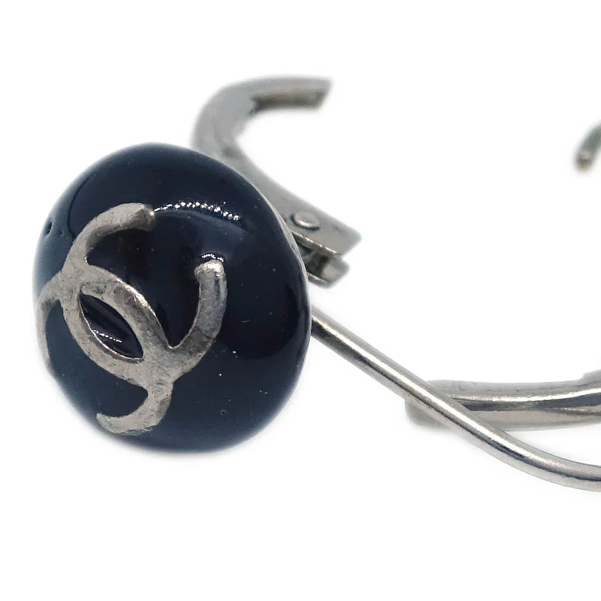 Chanel Button Piercing Earrings Black Silver 03C - Image 3