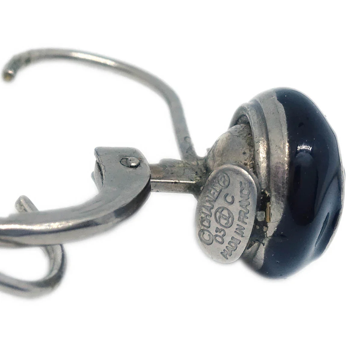 Chanel Button Piercing Earrings Black Silver 03C - Image 4