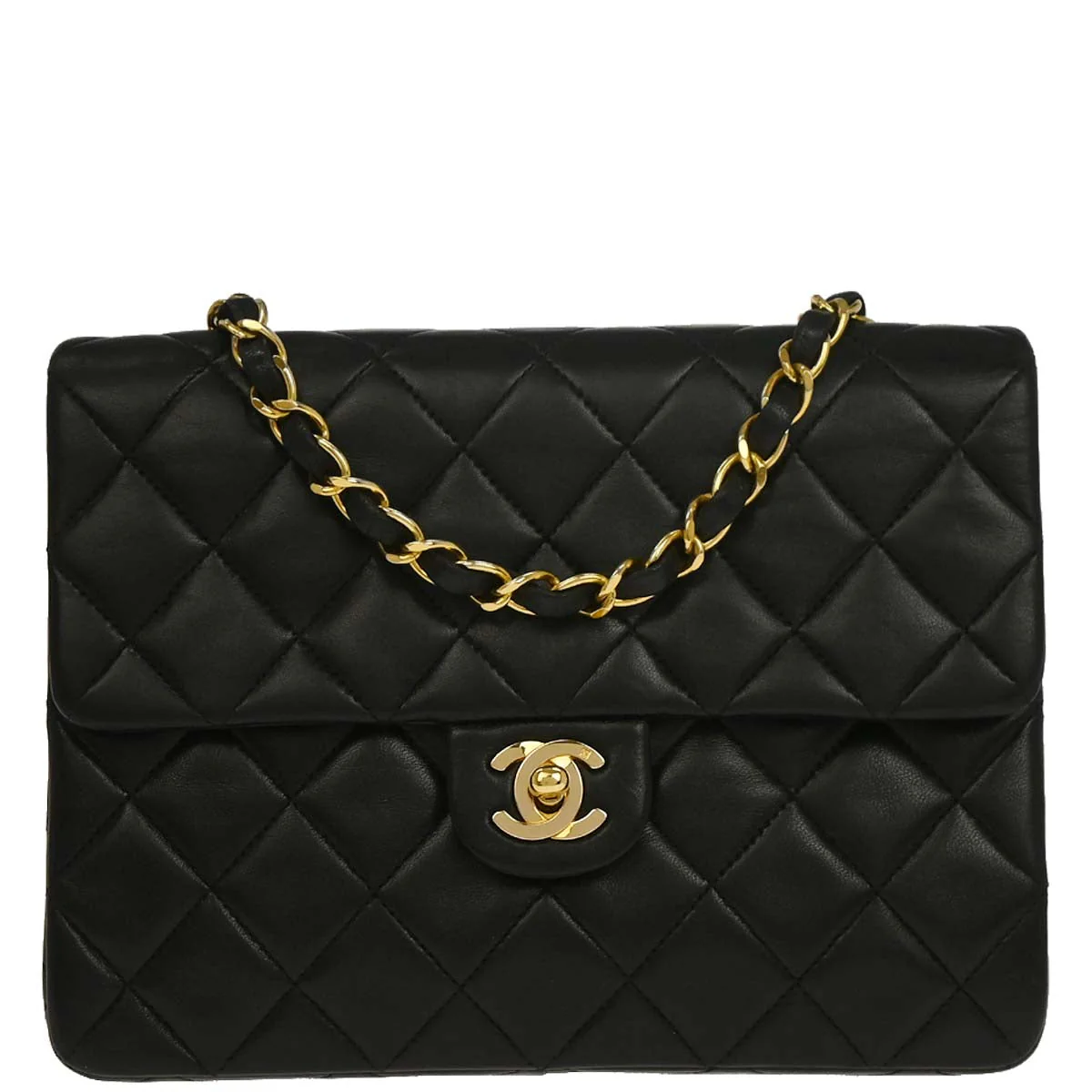 Chanel 1991-1994 Black Lambskin Classic Square Flap Shoulder Bag