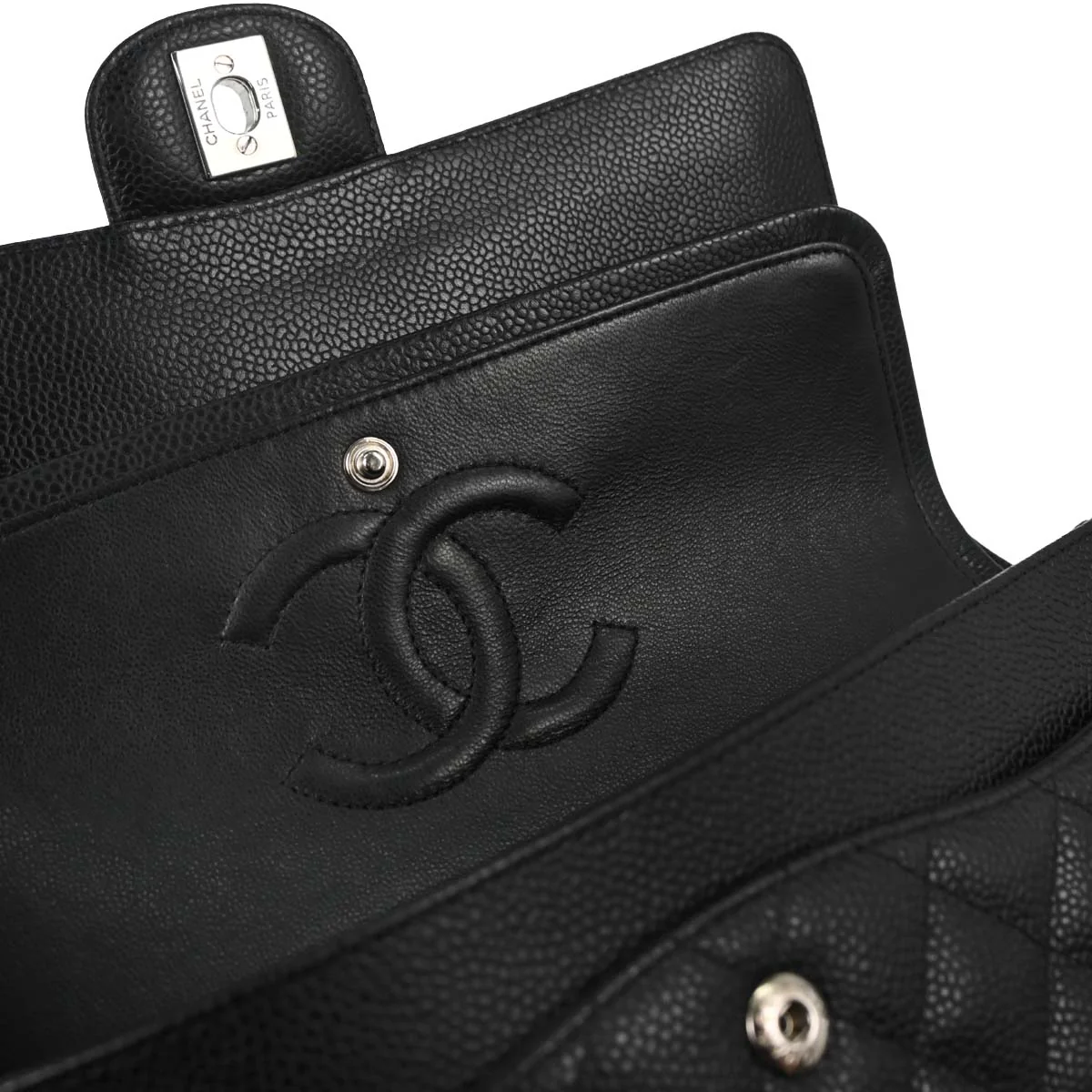 Chanel 2010-2011 Black Caviar Skin Medium Classic Double Flap Shoulder Bag - Image 7