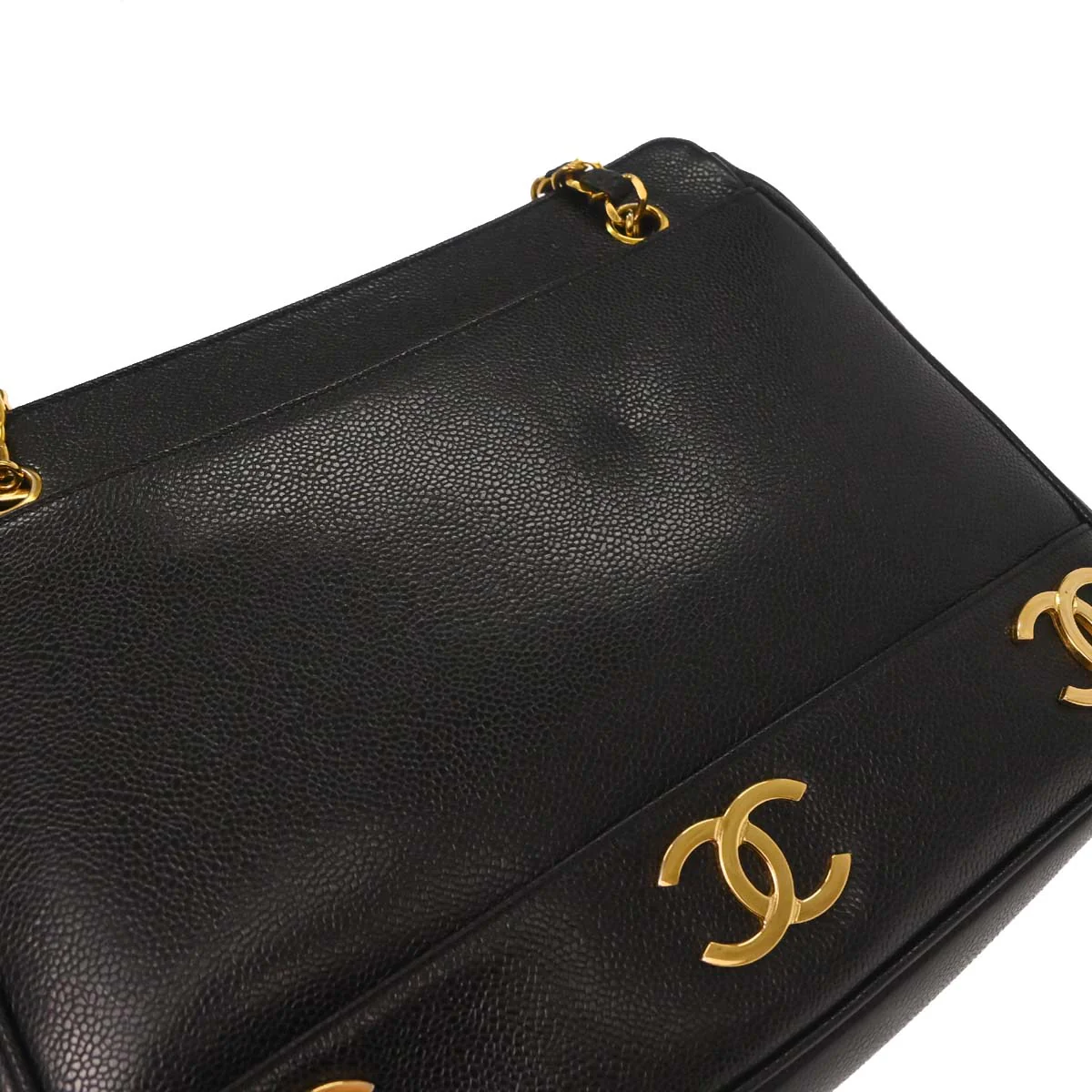 Chanel 1991-1994 Black Caviar Skin Triple CC Shoulder Tote Bag - Image 6