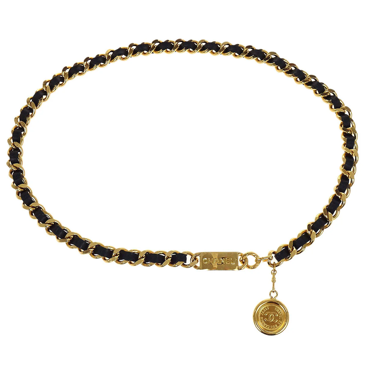 Chanel Chain Belt Medallion Gold Black Small Good