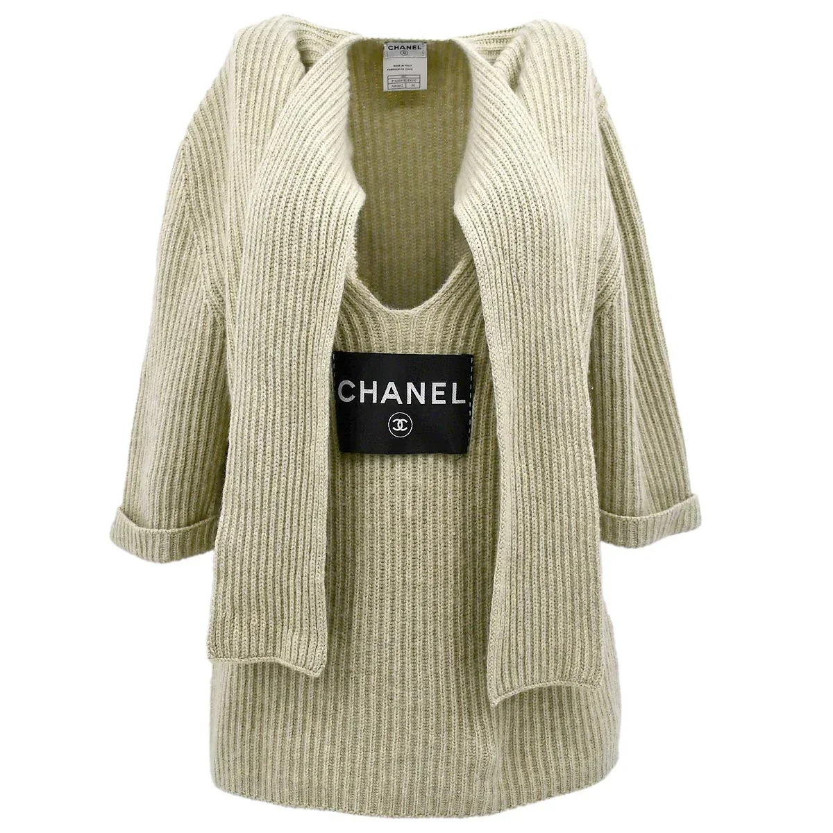 Chanel Logo Tag Scarf Sweater Gray 08C #38