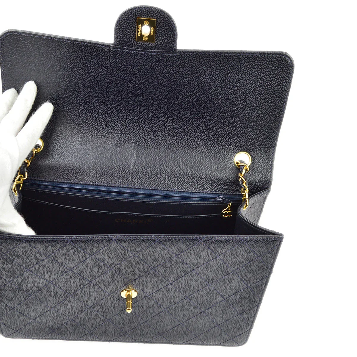 Chanel 1997-1999 Navy Caviar Single Flap Shoulder Bag - Image 7