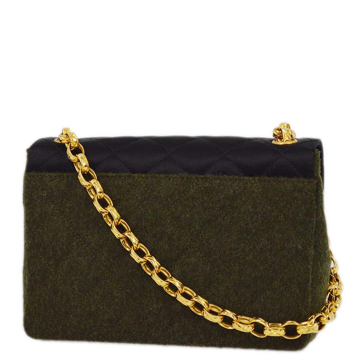 Chanel 1989-1991 Black Green Satin Felt Straight Flap Shoulder Bag - Image 2