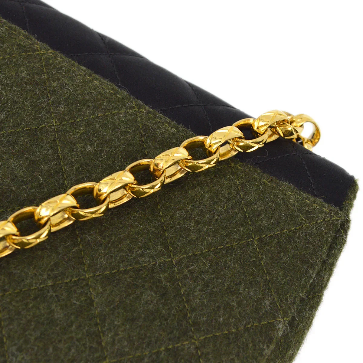 Chanel 1989-1991 Black Green Satin Felt Straight Flap Shoulder Bag - Image 6