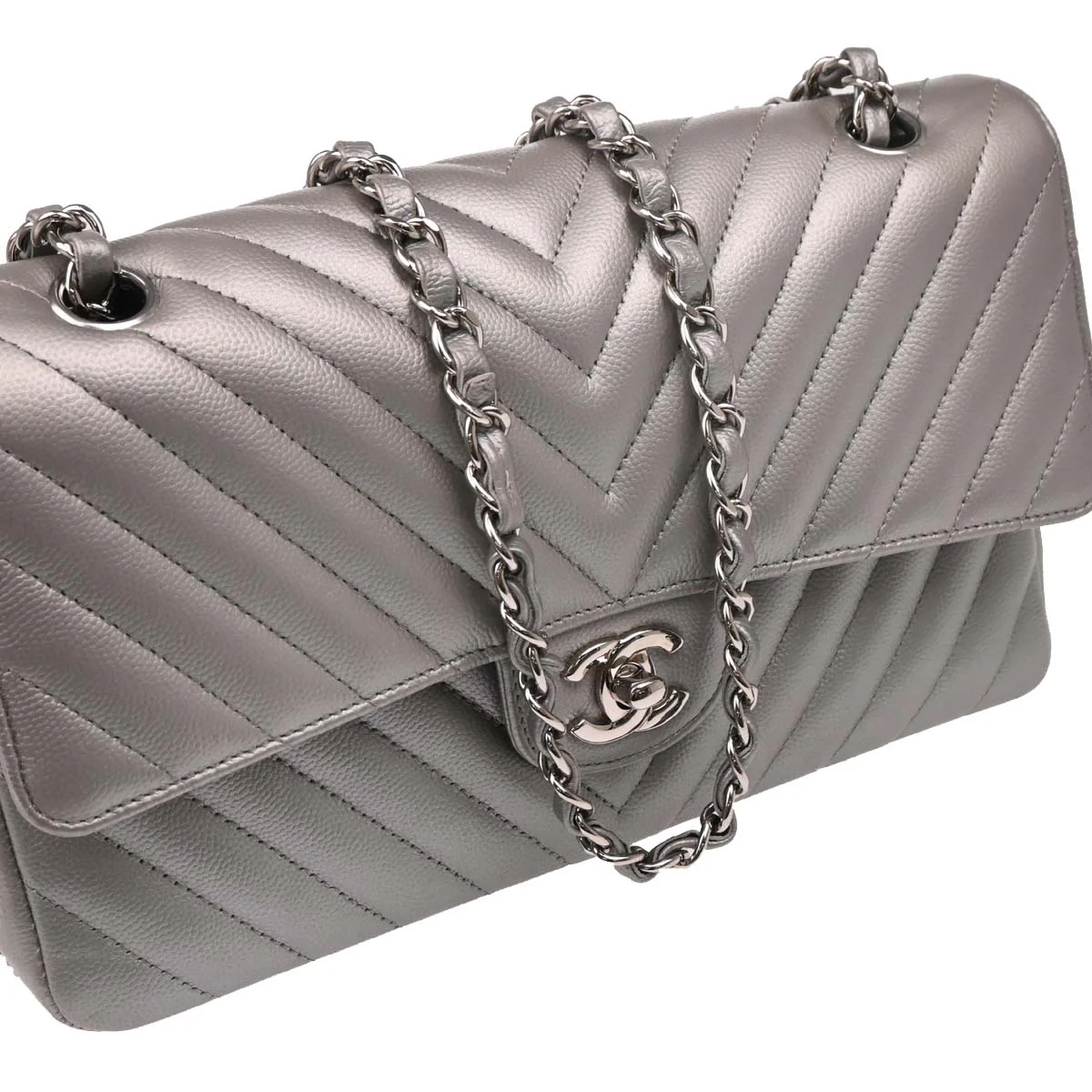Chanel 2016-2017 Silver Caviar Chevron Medium Classic Double Flap Shoulder Bag - Image 3