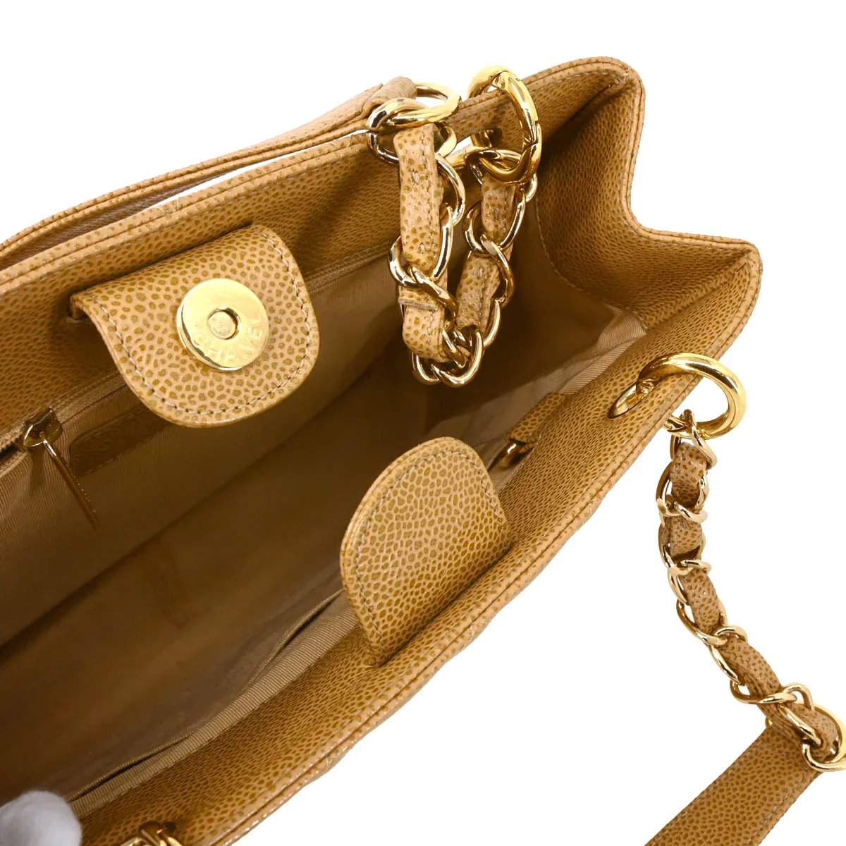 Chanel 2003-2004 Beige Caviar Petite Shopping Tote PST Chain Handbag - Image 4