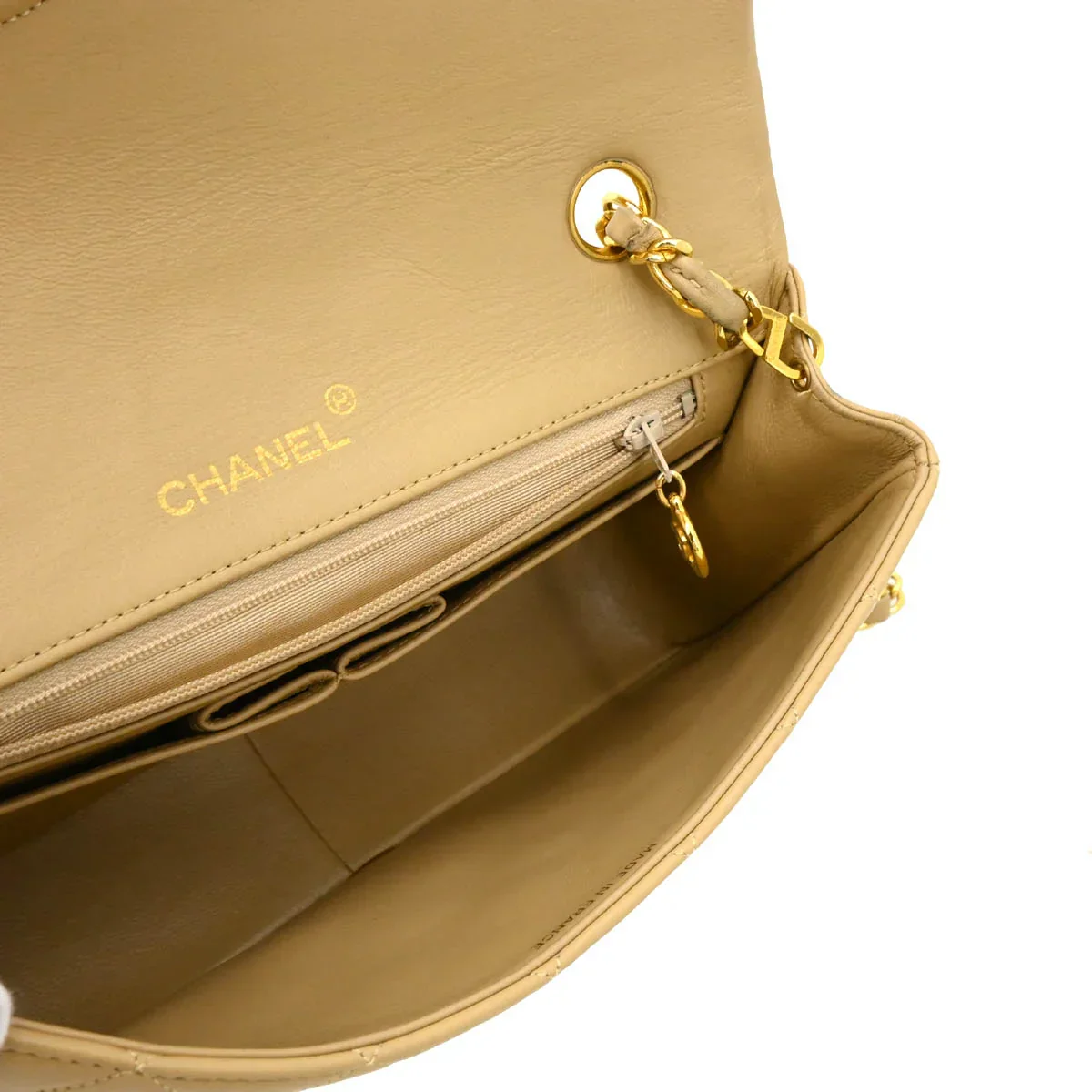 Chanel 1989-1991 Beige Lambskin Turnlock Small Full Flap Shoulder Bag - Image 4