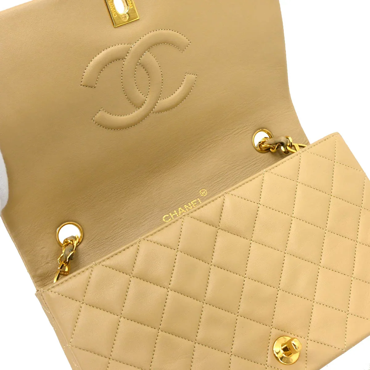 Chanel 1989-1991 Beige Lambskin Turnlock Small Full Flap Shoulder Bag - Image 8