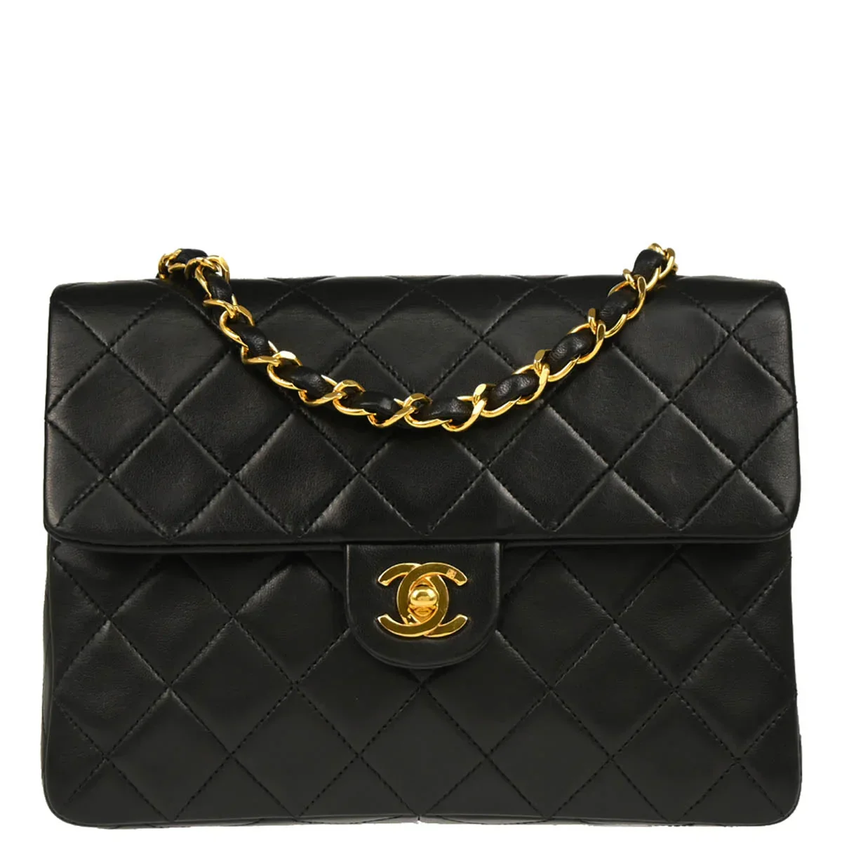 Chanel 1989-1991 Black Lambskin Classic Square Flap Shoulder Bag