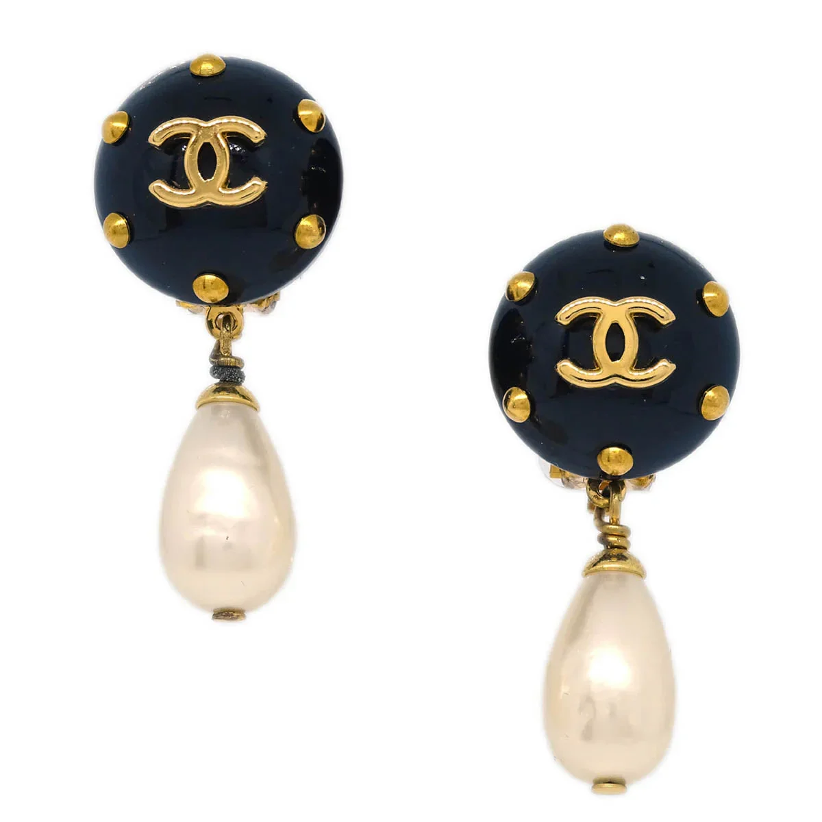 Chanel Costume Pearl Dangle Earrings Clip-On Gold 96C