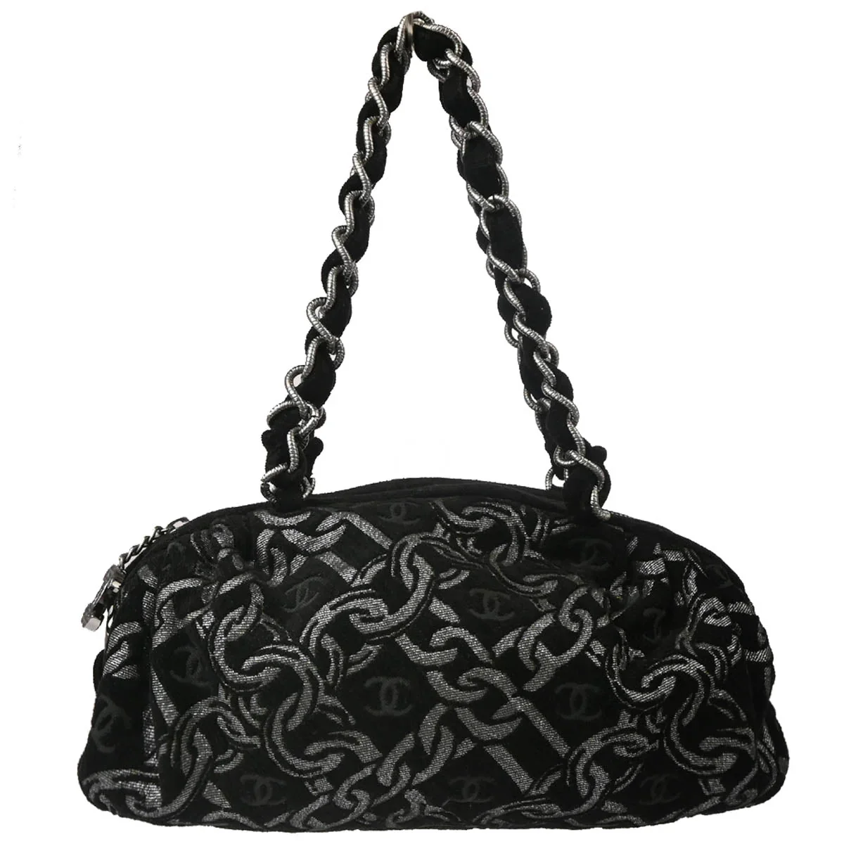 Chanel 2005-2006 Black Silver Cotton Jacquard Chain Handbag