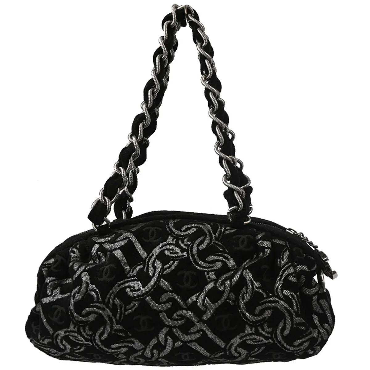 Chanel 2005-2006 Black Silver Cotton Jacquard Chain Handbag - Image 2