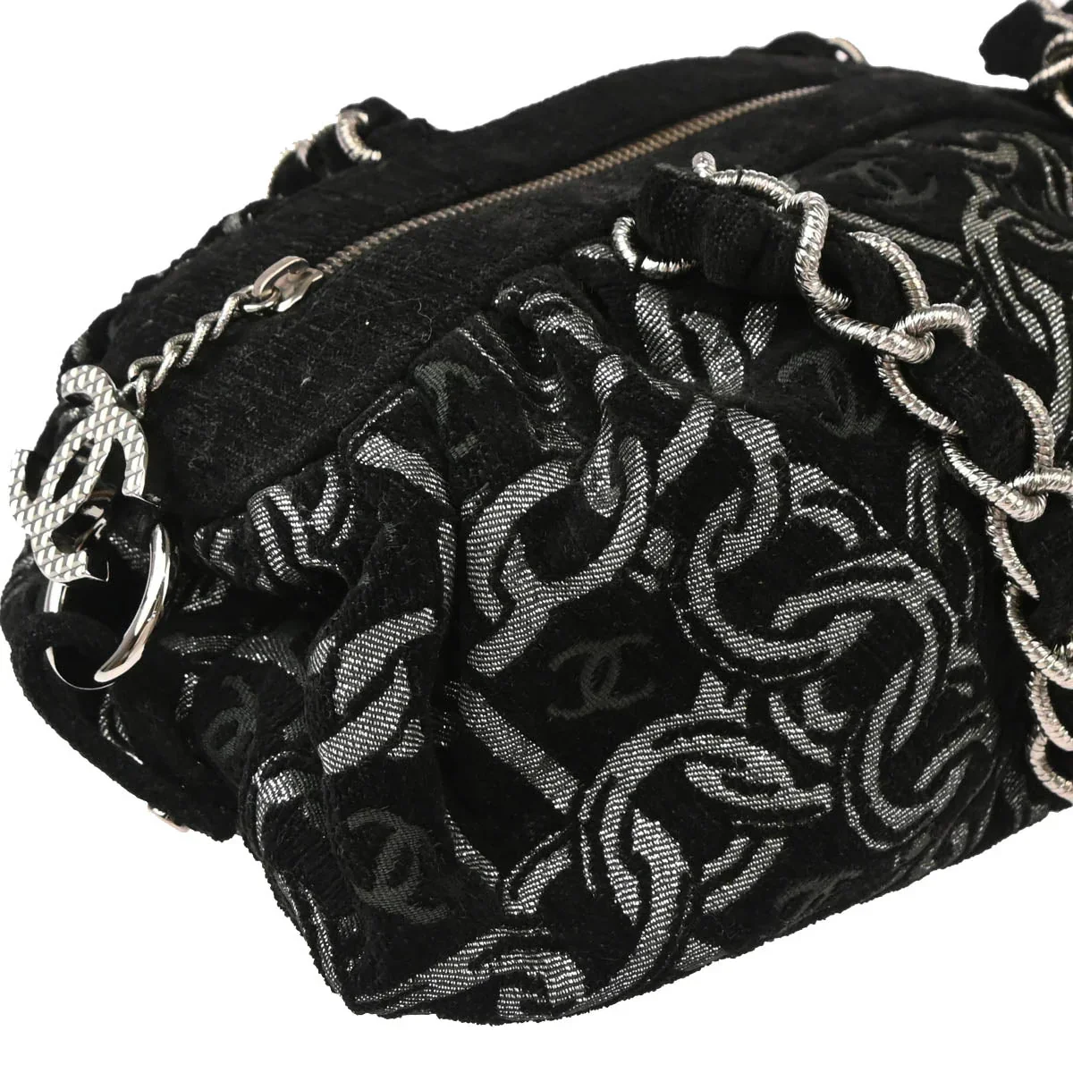 Chanel 2005-2006 Black Silver Cotton Jacquard Chain Handbag - Image 3
