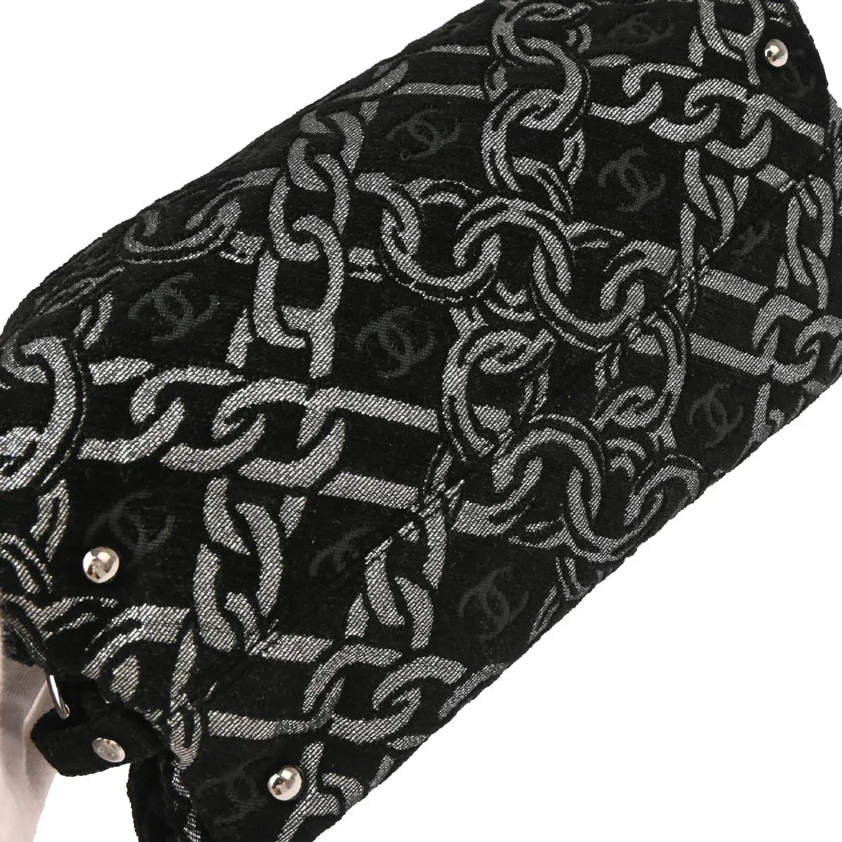 Chanel 2005-2006 Black Silver Cotton Jacquard Chain Handbag - Image 5