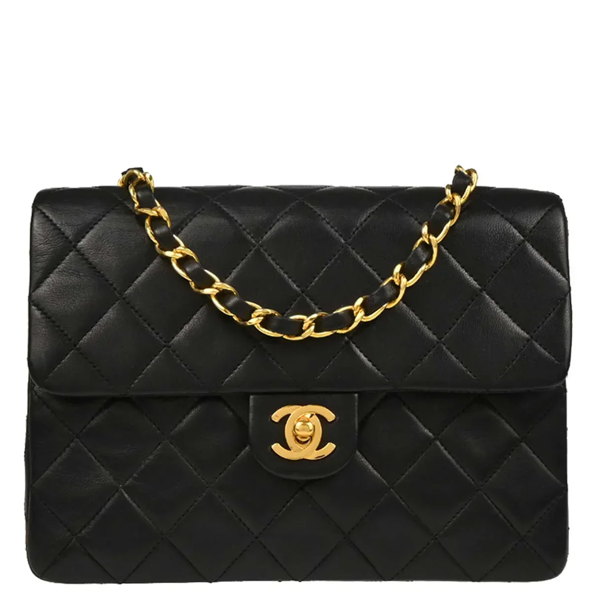 Chanel 1989-1991 Black Lambskin Classic Square Flap Shoulder Bag