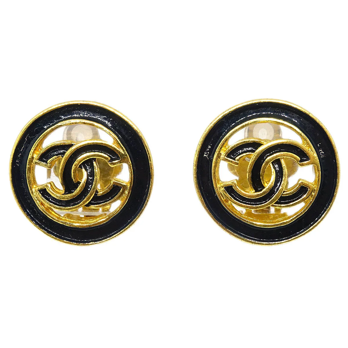 Chanel Gold Black Button Earrings Clip-On 93C