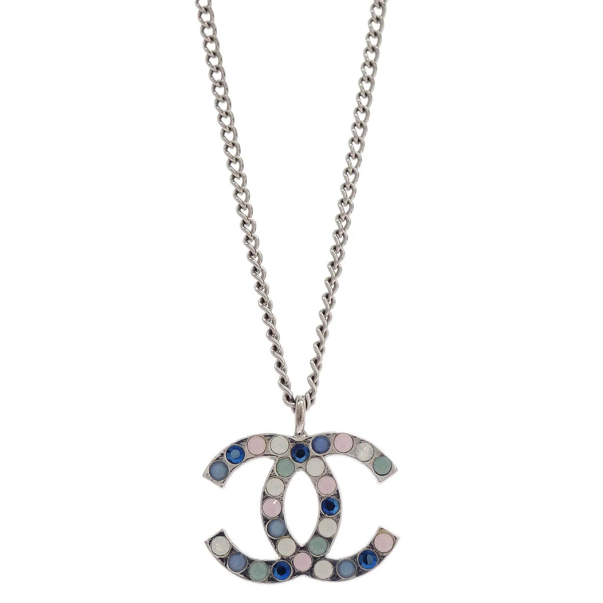 Chanel CC Chain Necklace Pendant Rhinestone Silver 07C