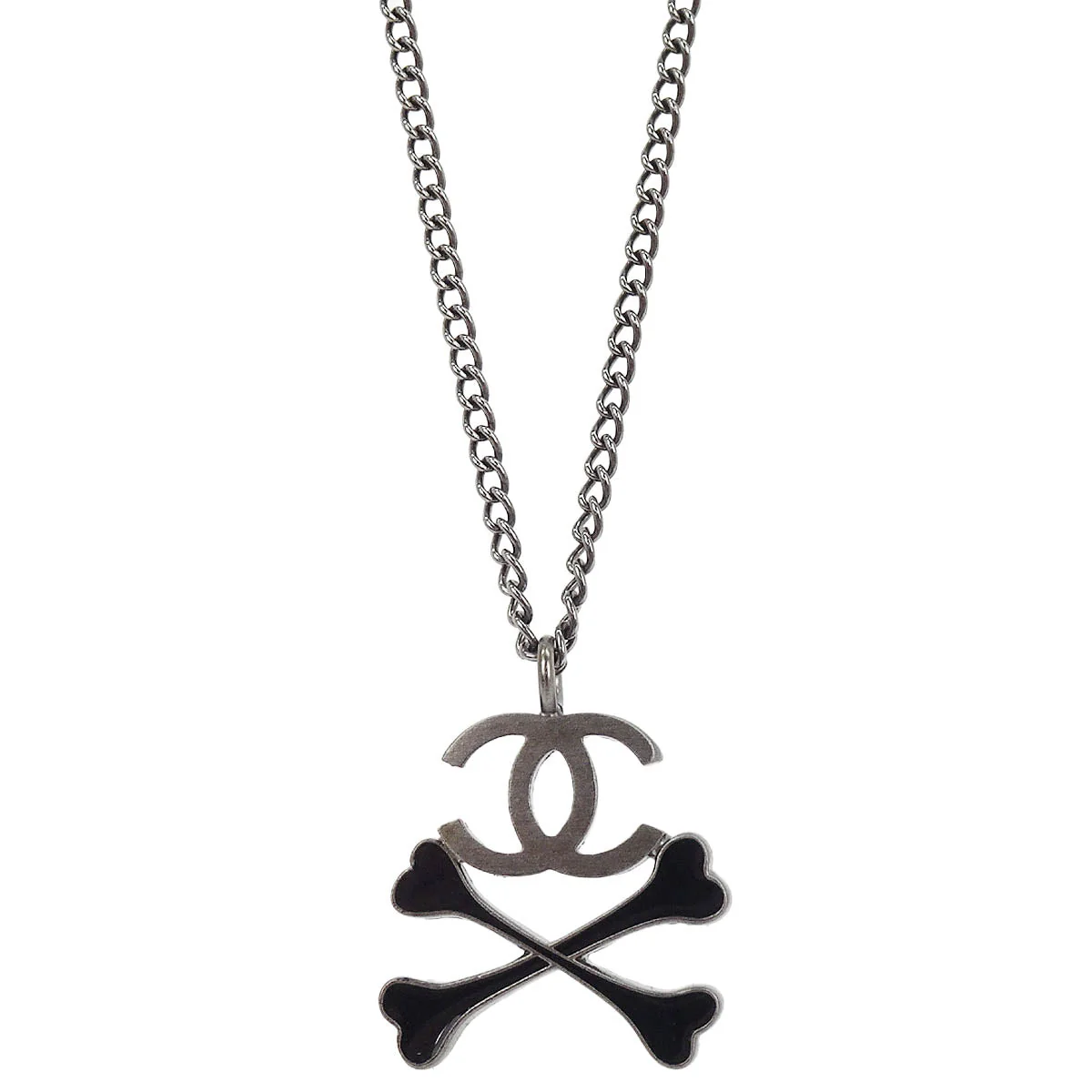 Chanel CC Crossbones Pendant Necklace Silver Black 03P