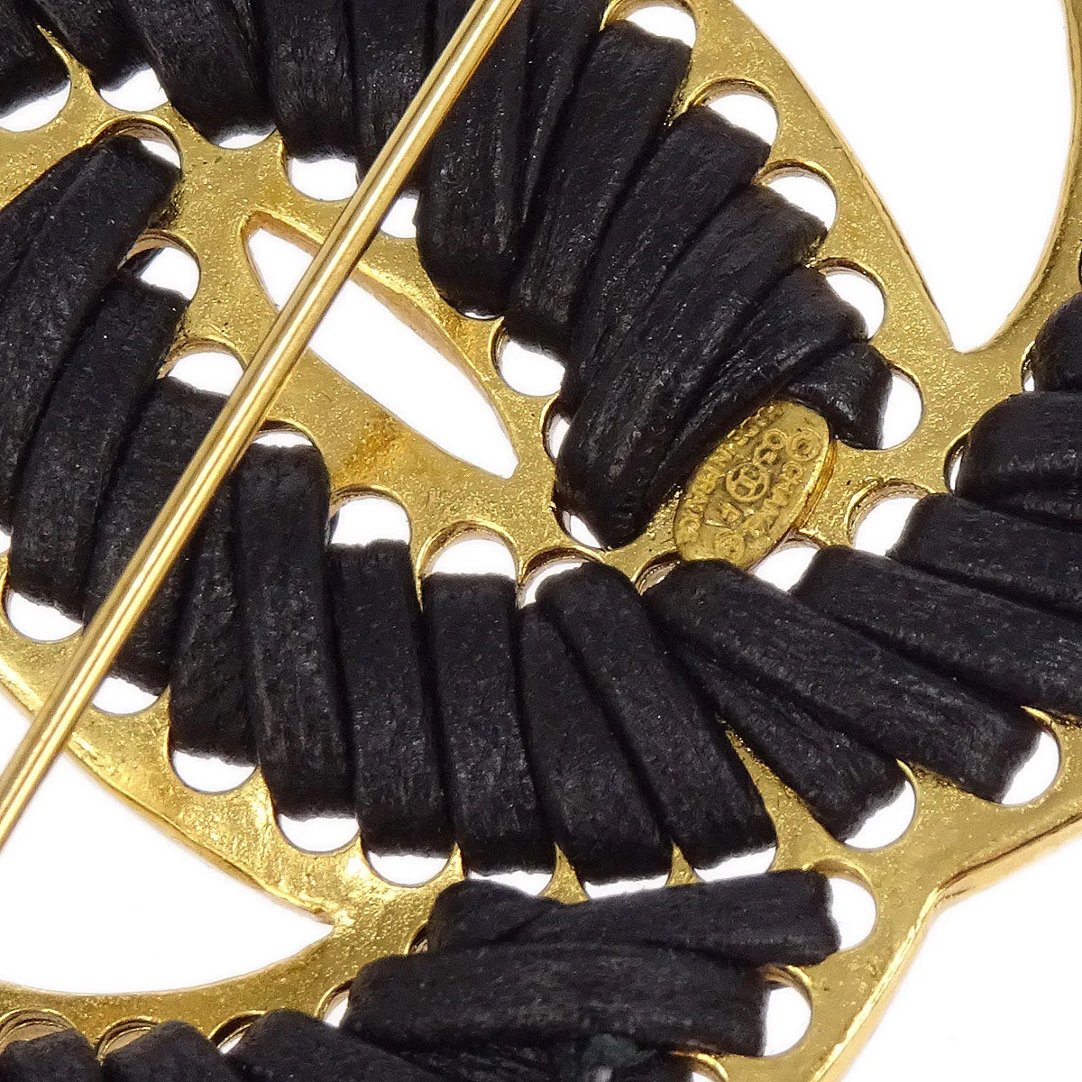 Chanel CC Brooch Pin Black Gold Leather 03P - Image 4