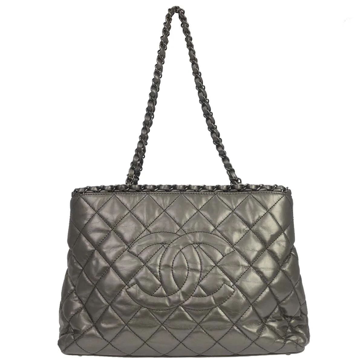 Chanel Metallic Silver Calfskin Chain Me Tote Handbag