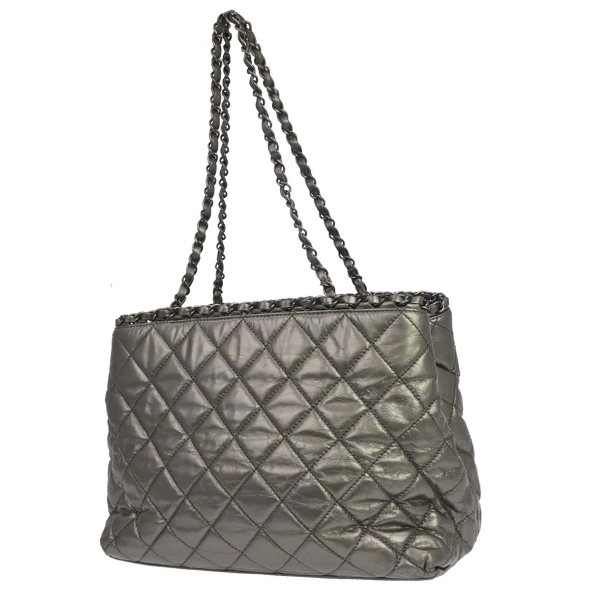 Chanel Metallic Silver Calfskin Chain Me Tote Handbag - Image 2