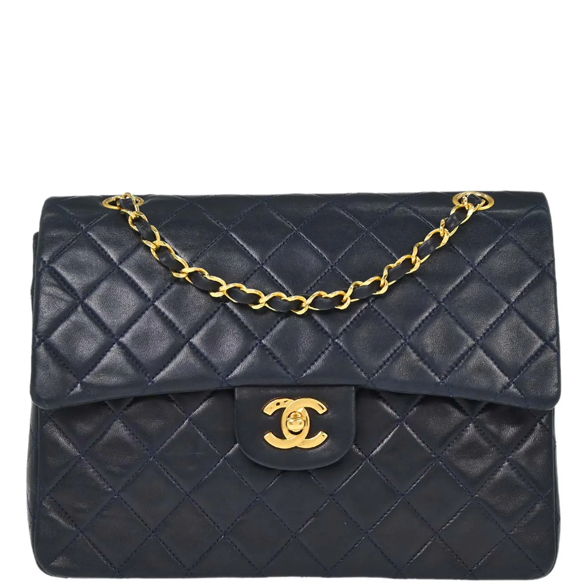 Chanel 1989-1991 Navy Lambskin Double Flap Medium Shoulder Bag