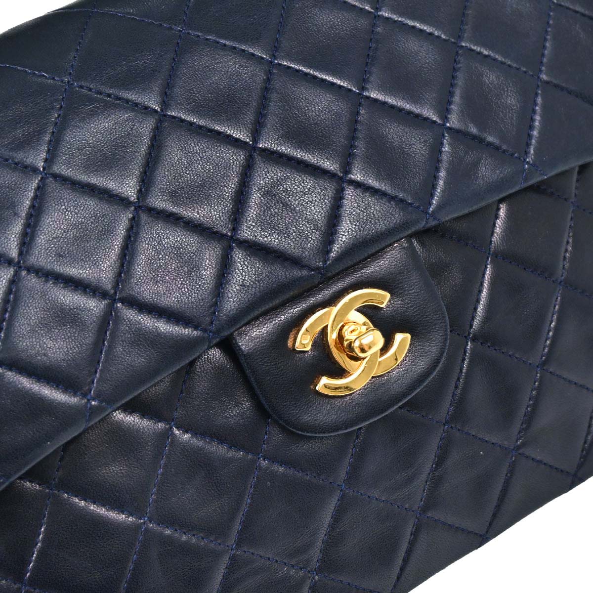 Chanel 1989-1991 Navy Lambskin Double Flap Medium Shoulder Bag - Image 11