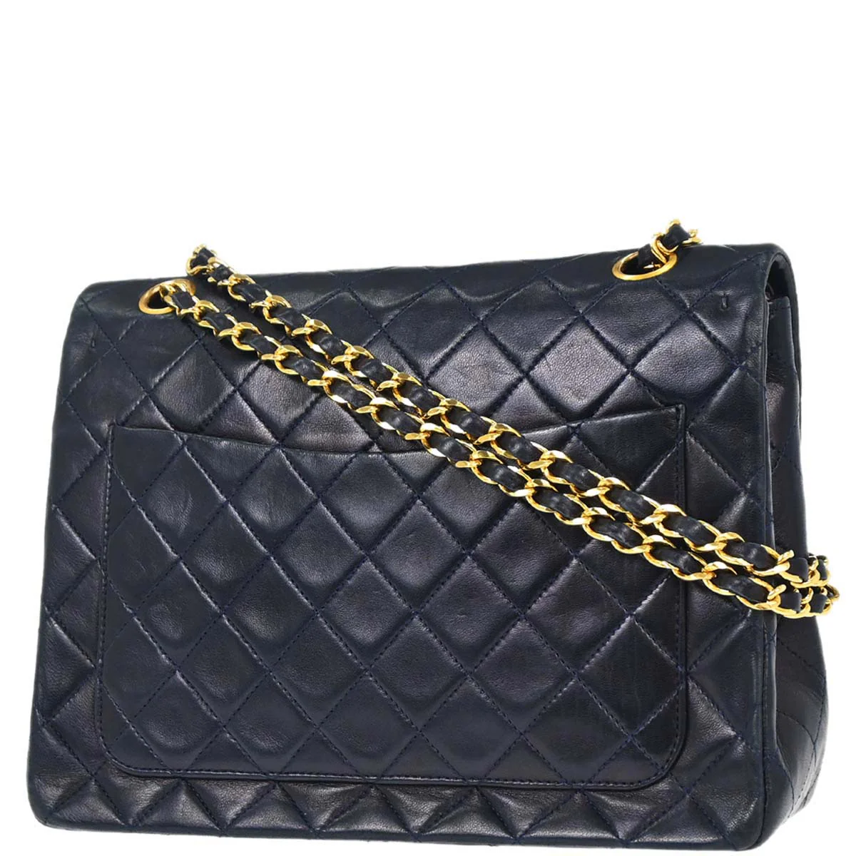 Chanel 1989-1991 Navy Lambskin Double Flap Medium Shoulder Bag - Image 2