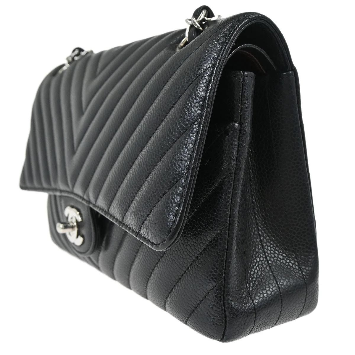 Chanel Black Caviar Skin Chevron Medium Classic Double Flap Shoulder Bag - Image 3