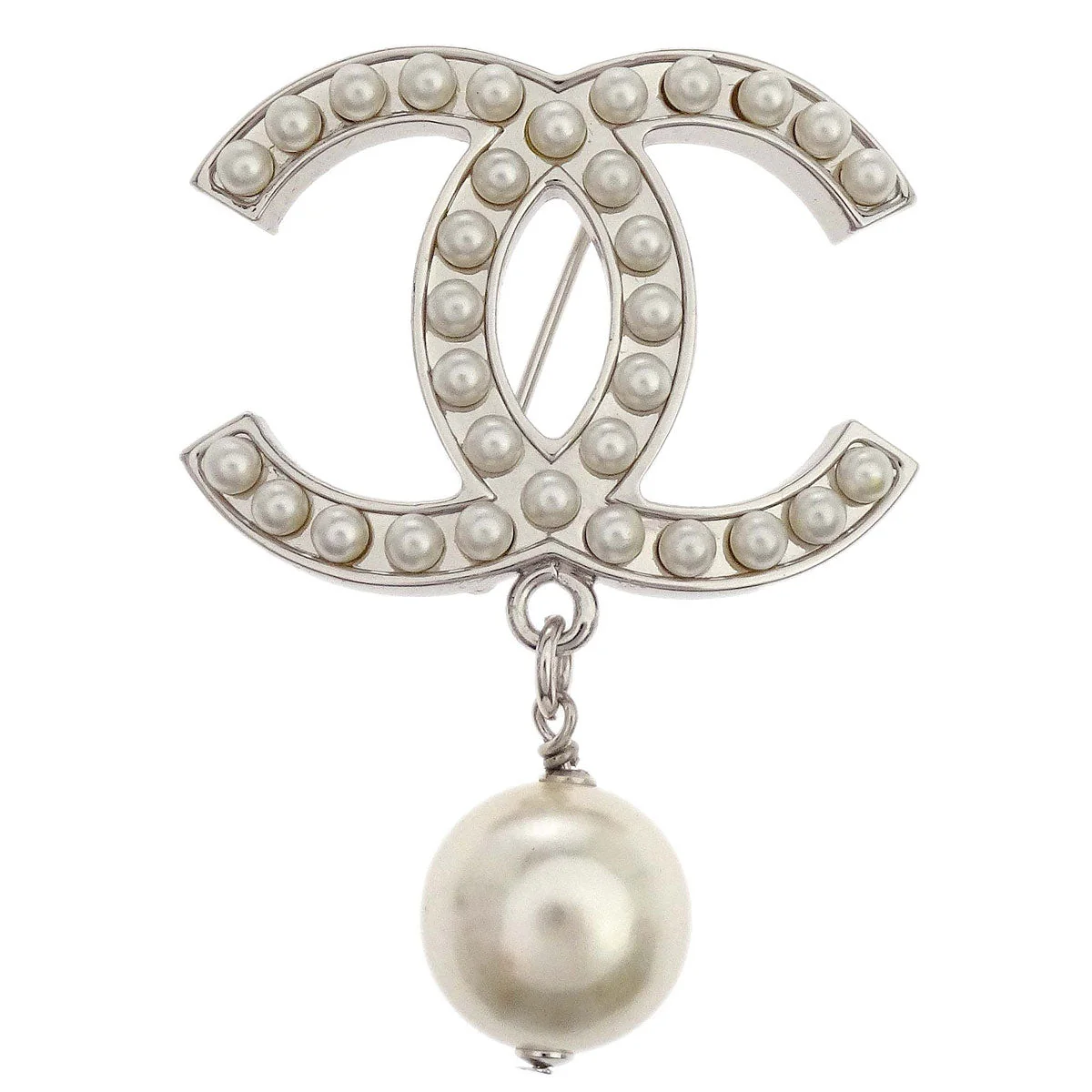 Chanel CC Costume Pearl Brooch Pin Silver 05V