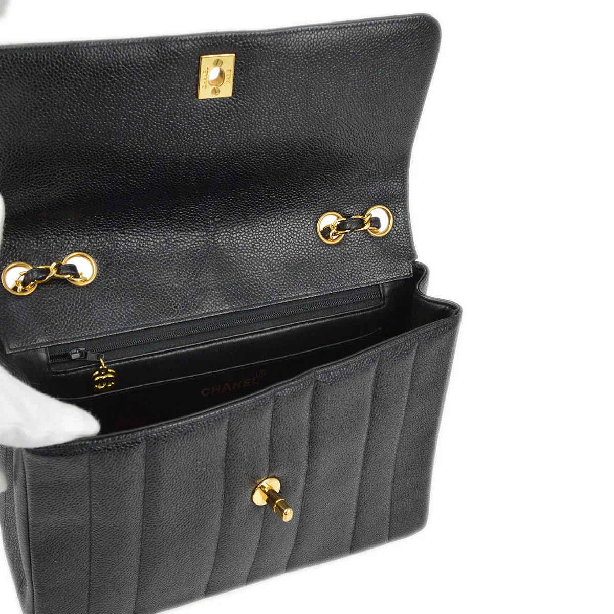 Chanel 1994-1996 Black Caviar Mademoiselle Straight Flap Shoulder Bag - Image 5
