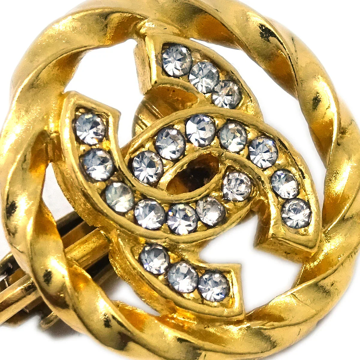 Chanel Gold Button Earrings Clip-On Rhinestone 2137 - Image 2