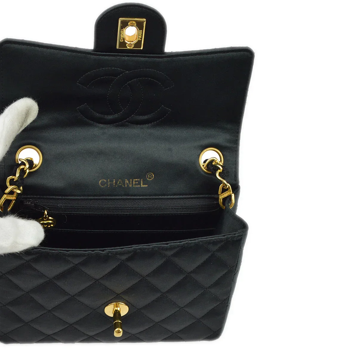 Chanel 1989-1991 Black Satin Mini Classic Square Flap Shoulder Bag 17 - Image 8