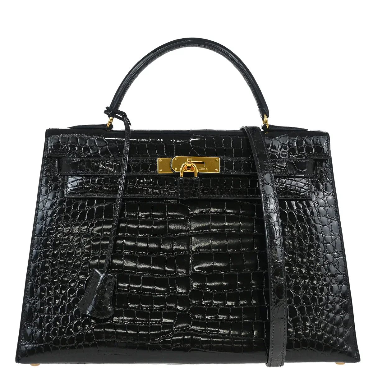 Hermes * 1993 Black Porosus Crocodile Kelly 32 Sellier Handbag