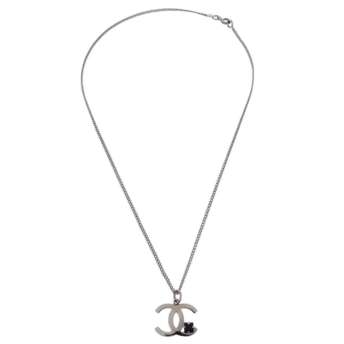 Chanel CC Chain Necklace Pendant Rhinestone Silver 05P - Image 3