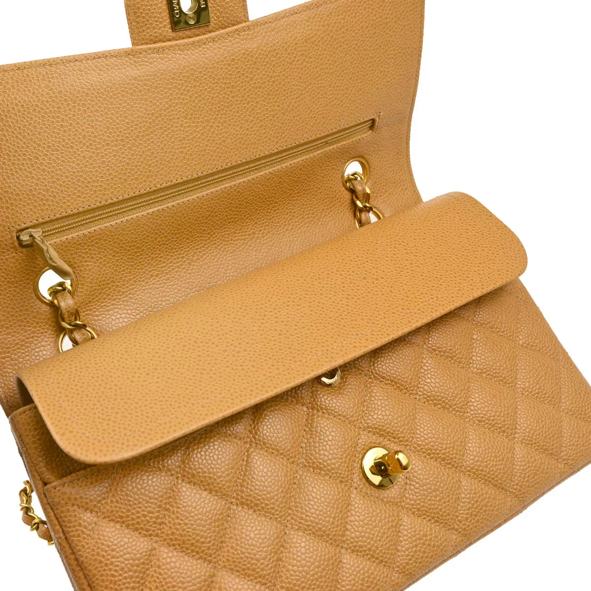 Chanel 1994-1996 Beige Caviar Medium Classic Double Flap Shoulder Bag - Image 8