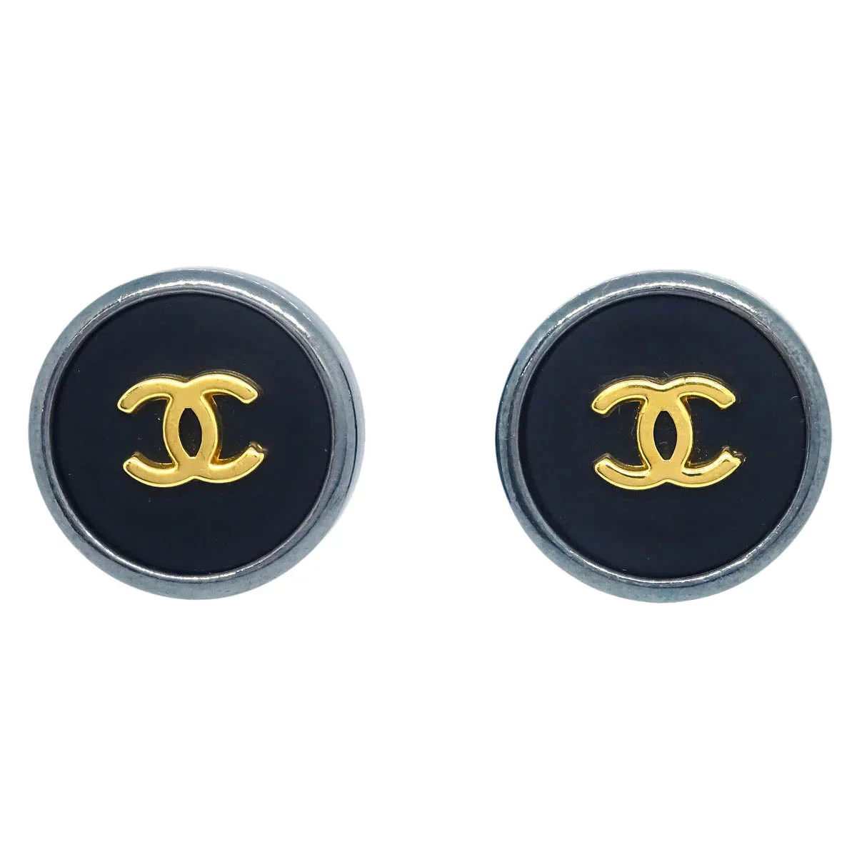 Chanel Button Earrings Clip-On Black 96P