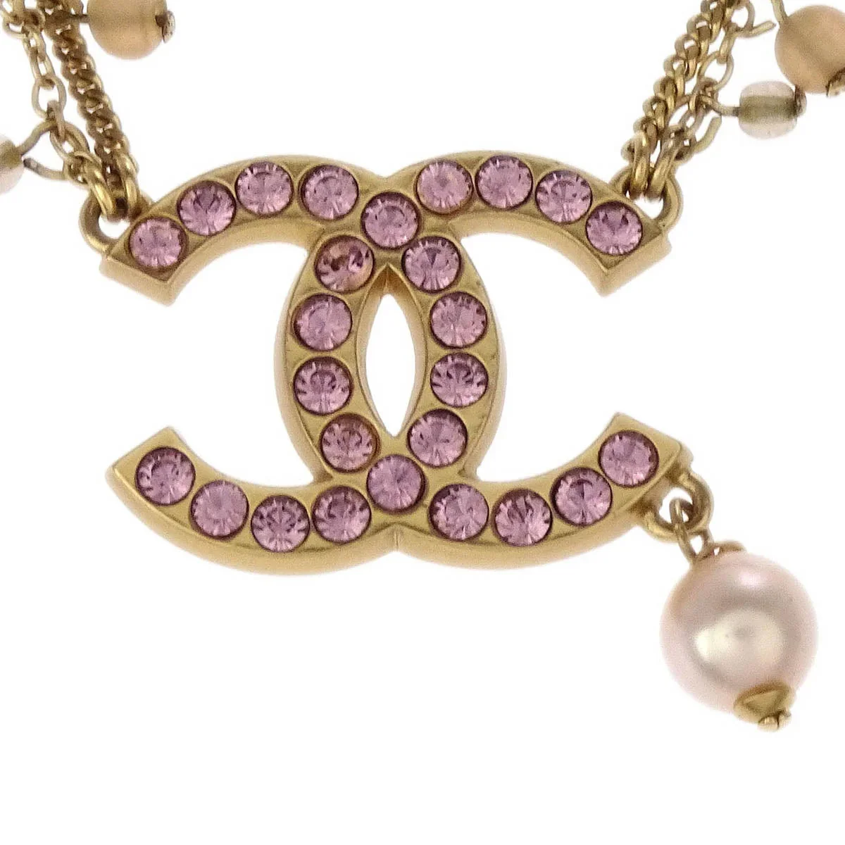 Chanel CC Chain Pendant Necklace Rhinestone Costume Pearl Gold 02P - Image 2